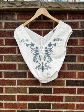Poof! White and Dusty Blue Embroidered Sleeveless Smocked Top